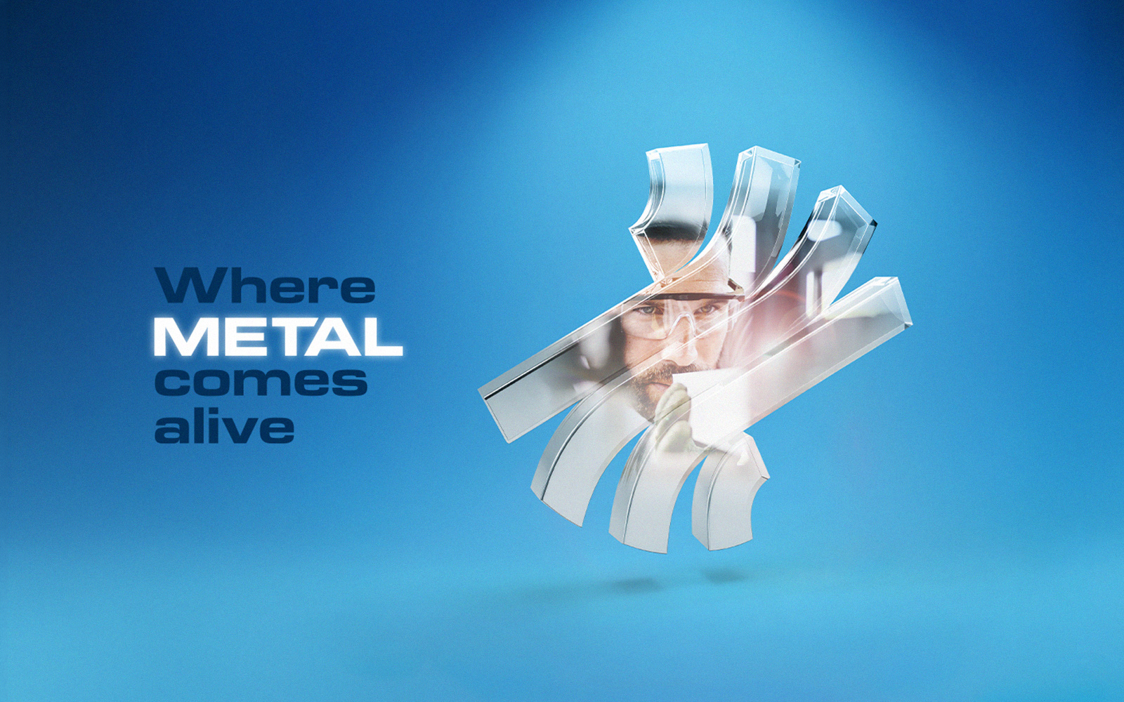 AMB 2026 Kampagnenmotiv „Where Metal comes alive“ mit Metallskulptur und Facharbeiter