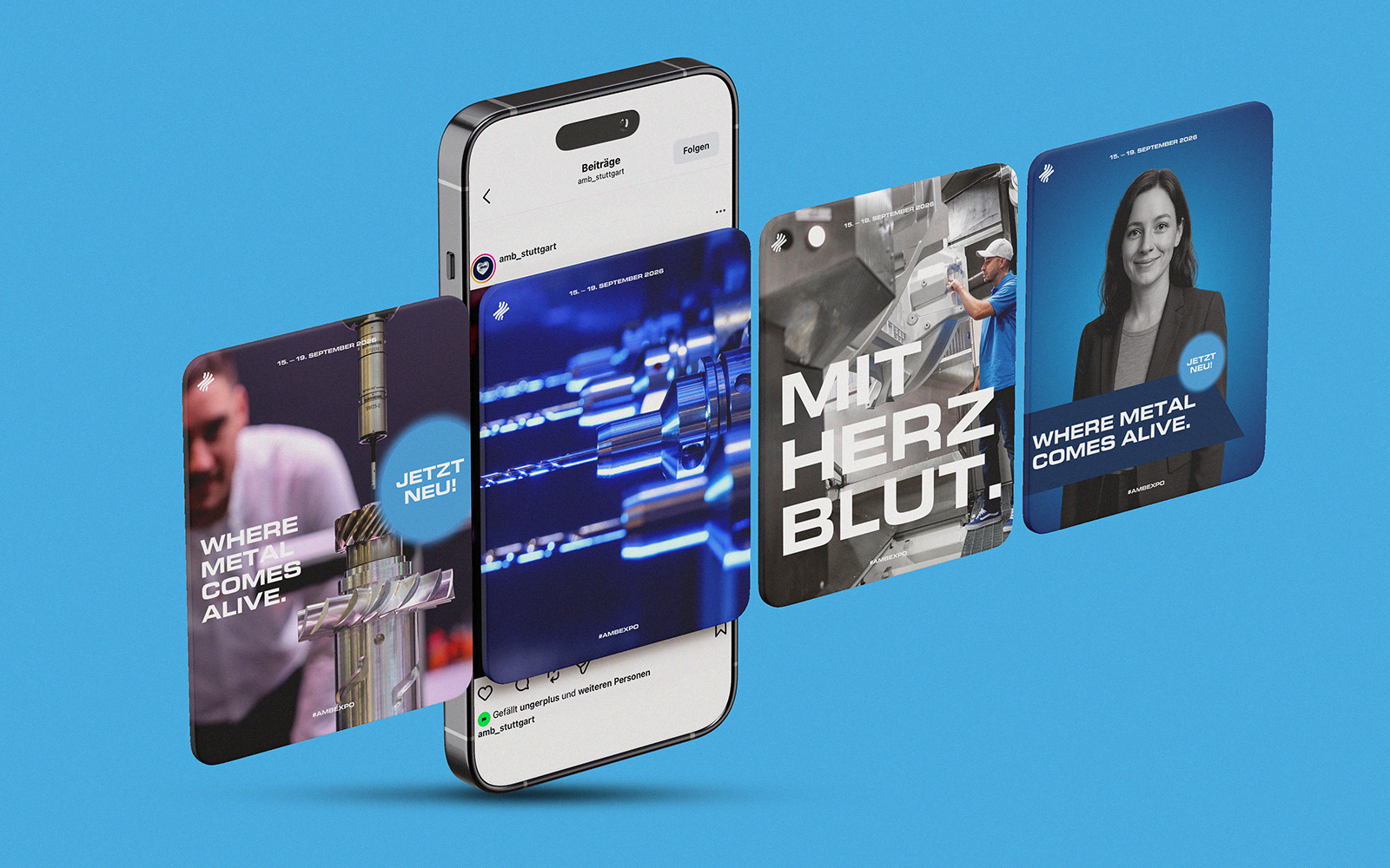 AMB 2026 Social-Media-Kampagne mit Metallbearbeitung, Menschen und Messeclaims