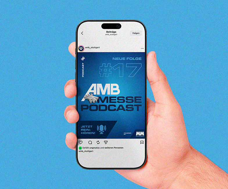 AMB Messe Podcast auf Smartphone im Social-Media-Design der Metallbearbeitungsmesse