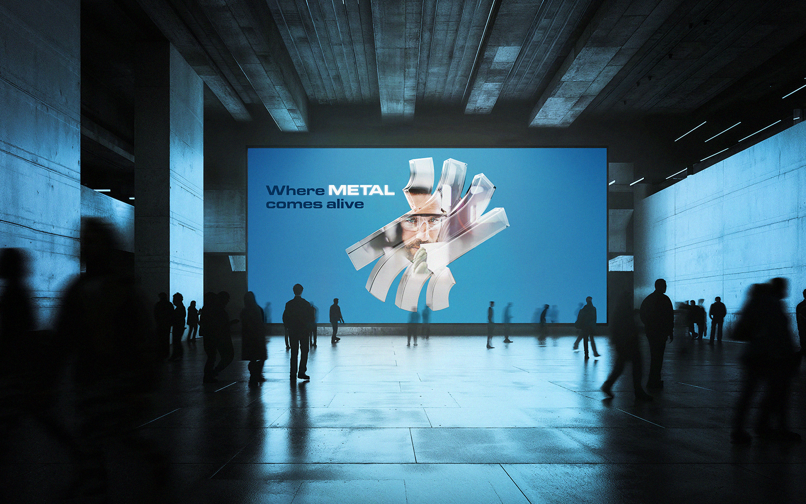 Großformatige AMB 2026 Messewerbung „Where Metal comes alive“ in moderner Architektur