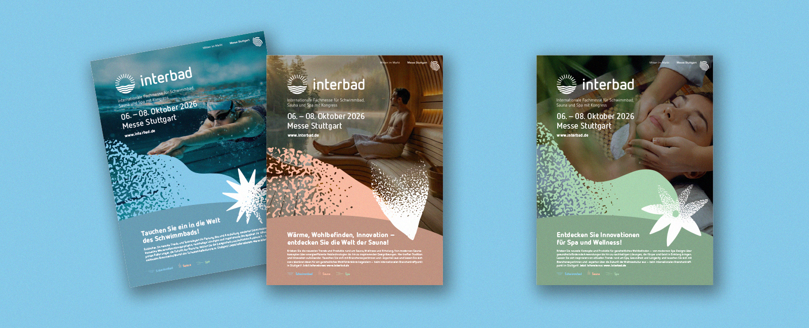 interbad 2026 Plakatserie für Schwimmbad, Sauna und Spa auf blauem Hintergrund