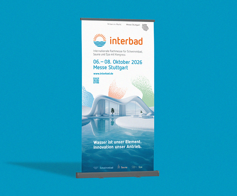interbad 2026 Roll-up Display mit QR-Code und Schwimmbad-Visual